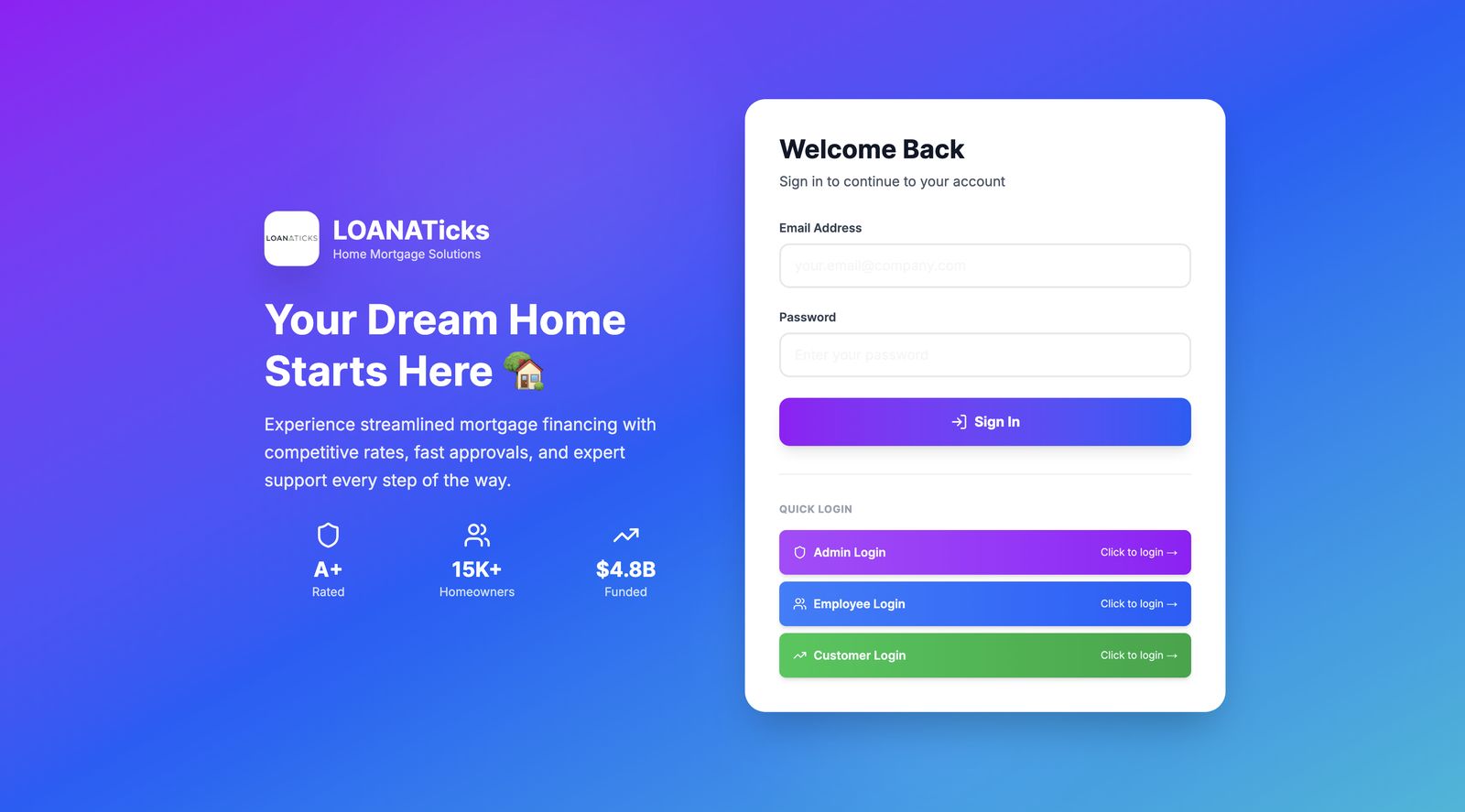 LoanTicks sign-in screen